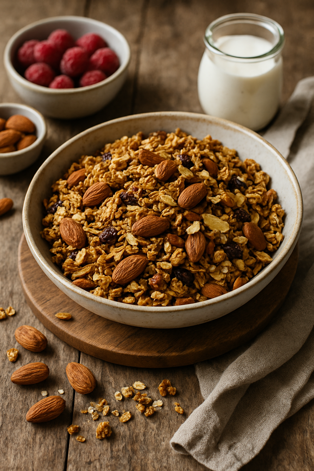 Bowl of almond granola with raspberries and milk