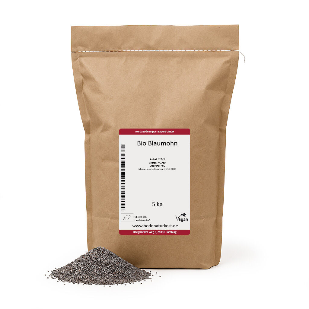 5 kg kraft bag of organic blue poppy seeds with spilled pile