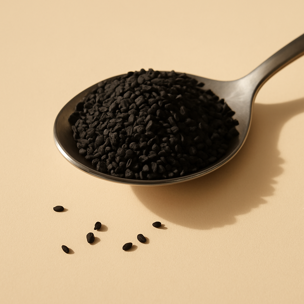 Nærbillede af en metalske fyldt med små sorte krydderfrø på en beige baggrund, enkelte frø spredt ved siden af skeen.