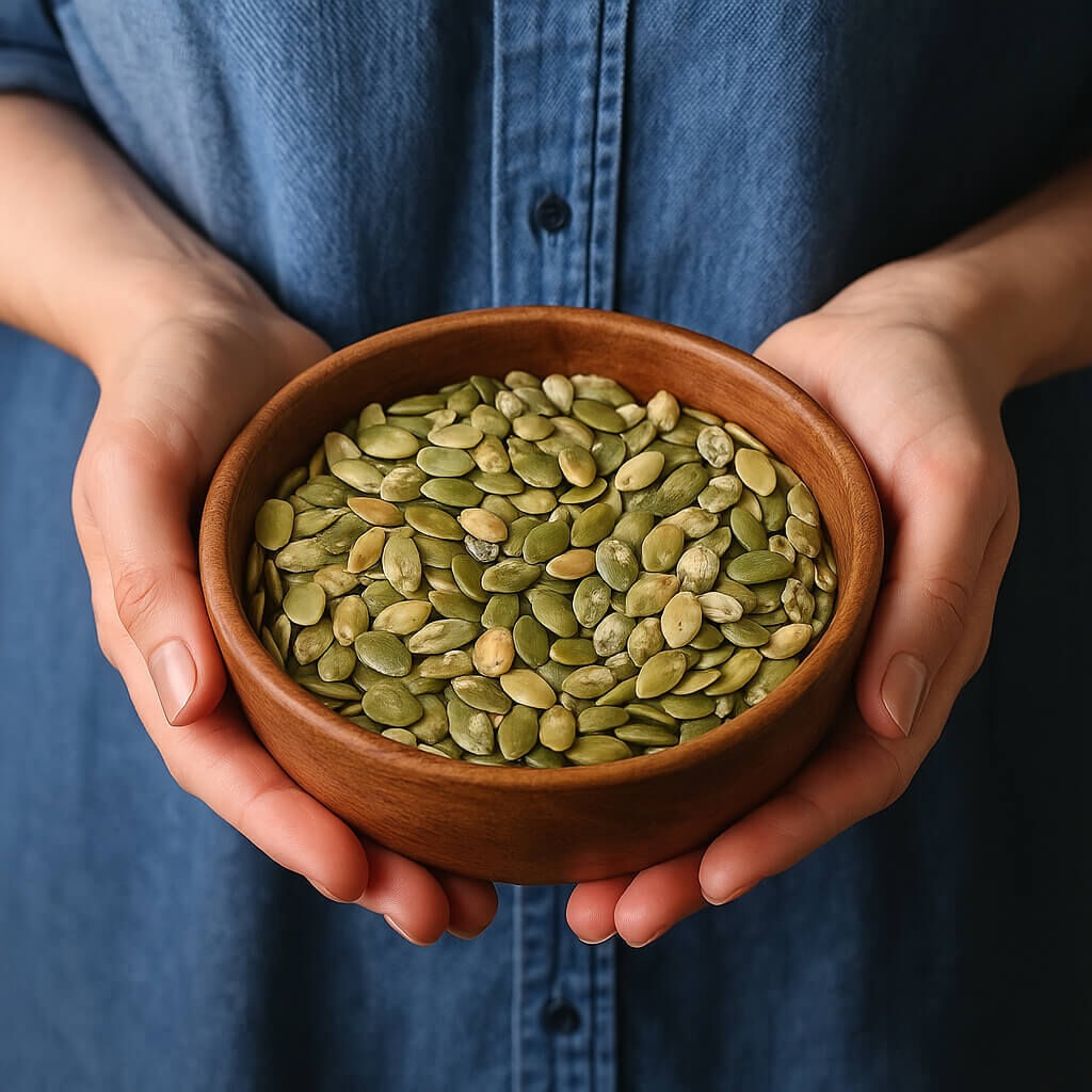 Hands holding a wooden bowl of pumpkin seeds (pepitas)