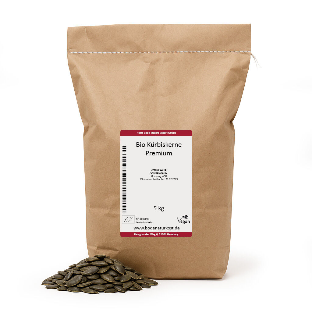 Kraft paper bag of premium organic pumpkin seeds, 5kg