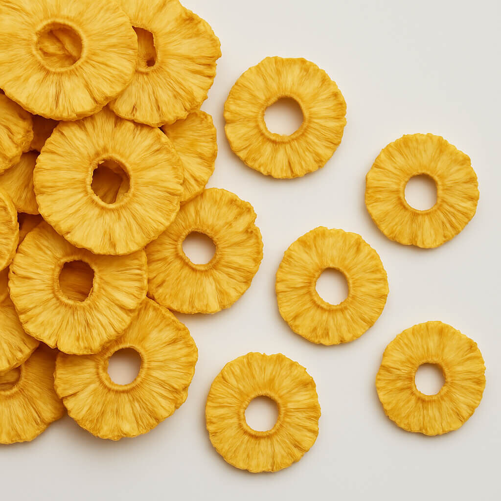 Dried pineapple rings on white background