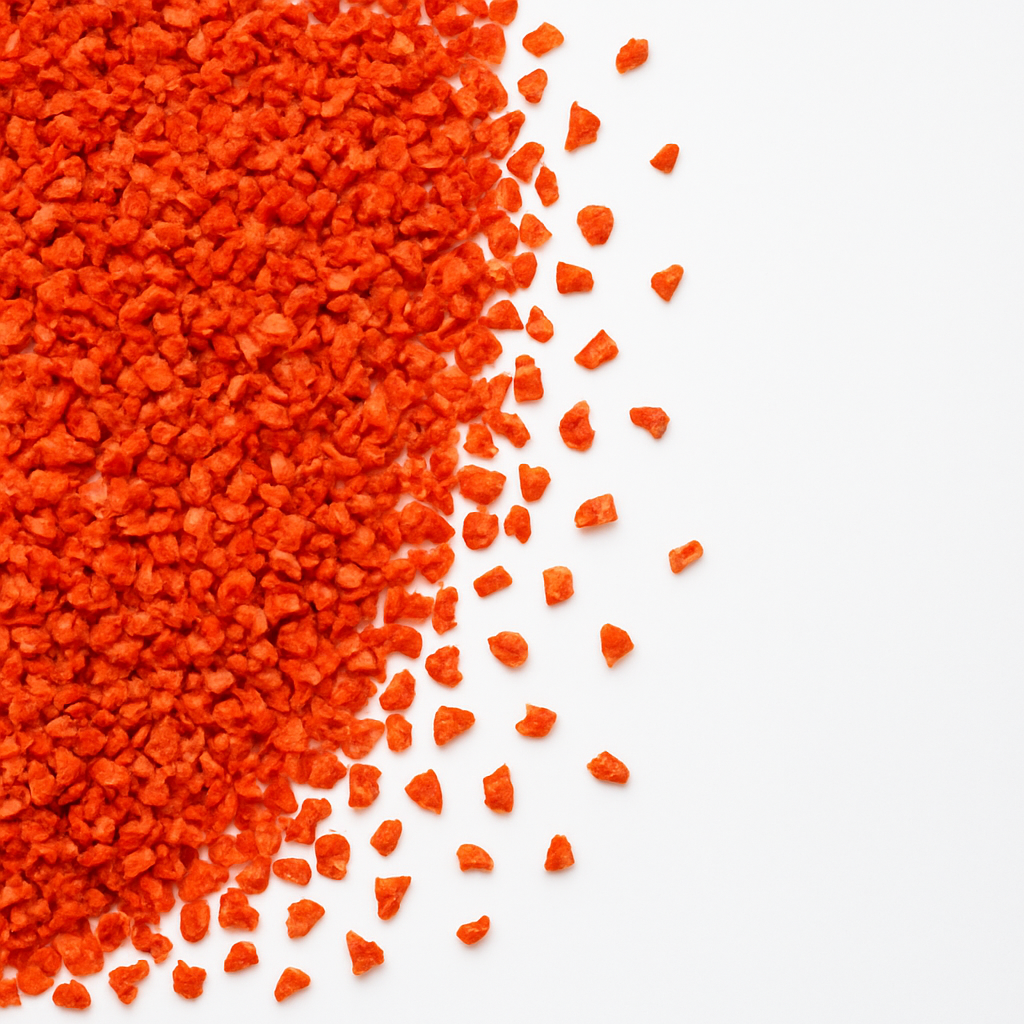 A pile of vibrant red gravel spread on a white surface.