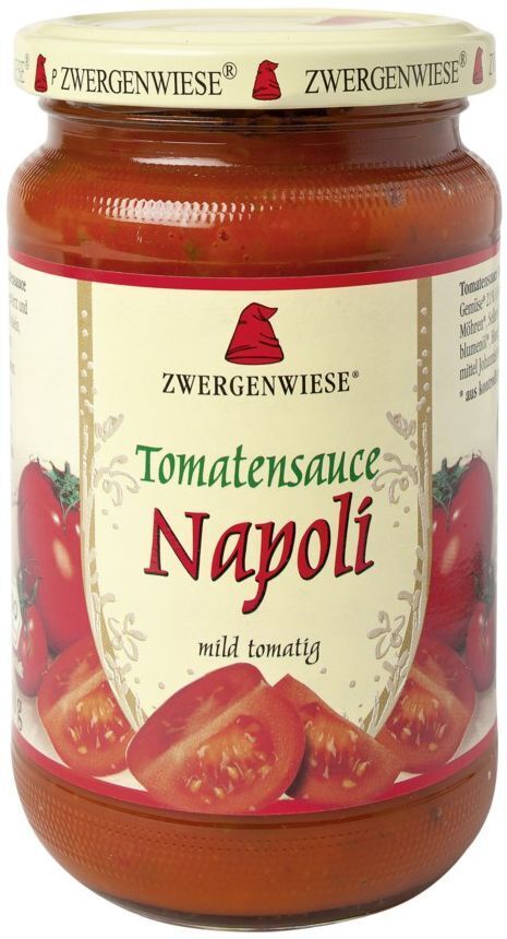 Glas Zwergenwiese Tomatensauce Napoli mit Etikett mit der Aufschrift Tomatensauce Napoli, mild tomatig und Tomatenmotiv; rote Tomatensauce im Glas sichtbar