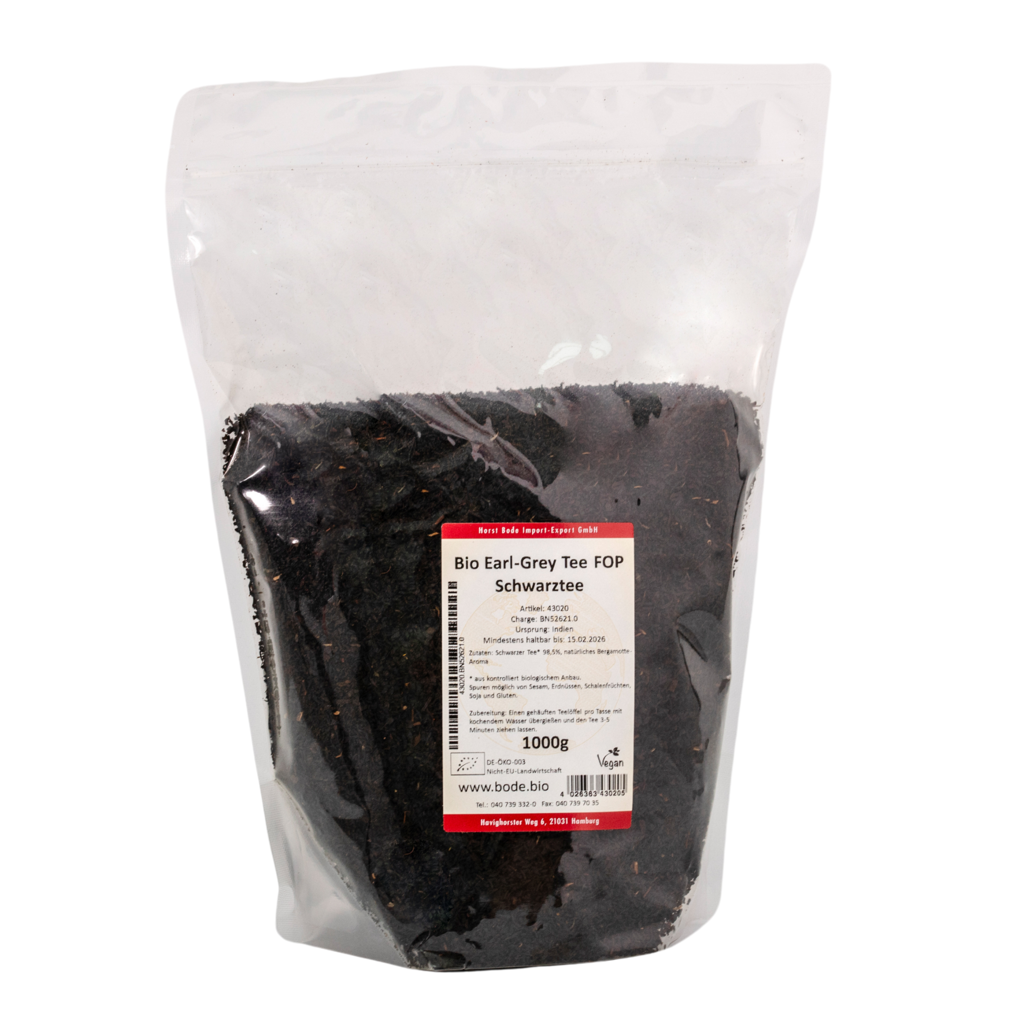 Genlukkelig pose med 1000 g økologisk Earl Grey sort te i løsvægt, mørke løse teblade og synlig etiket