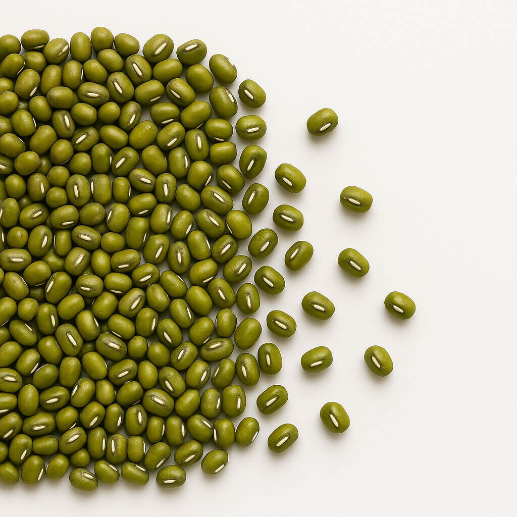 Close-up of scattered green mung beans