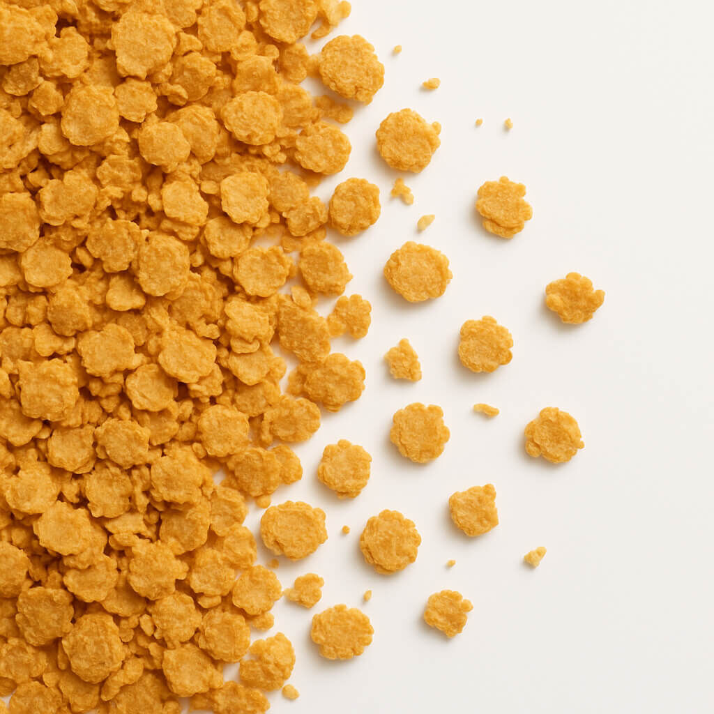 Close-up of flower-shaped cornflakes scattered on white