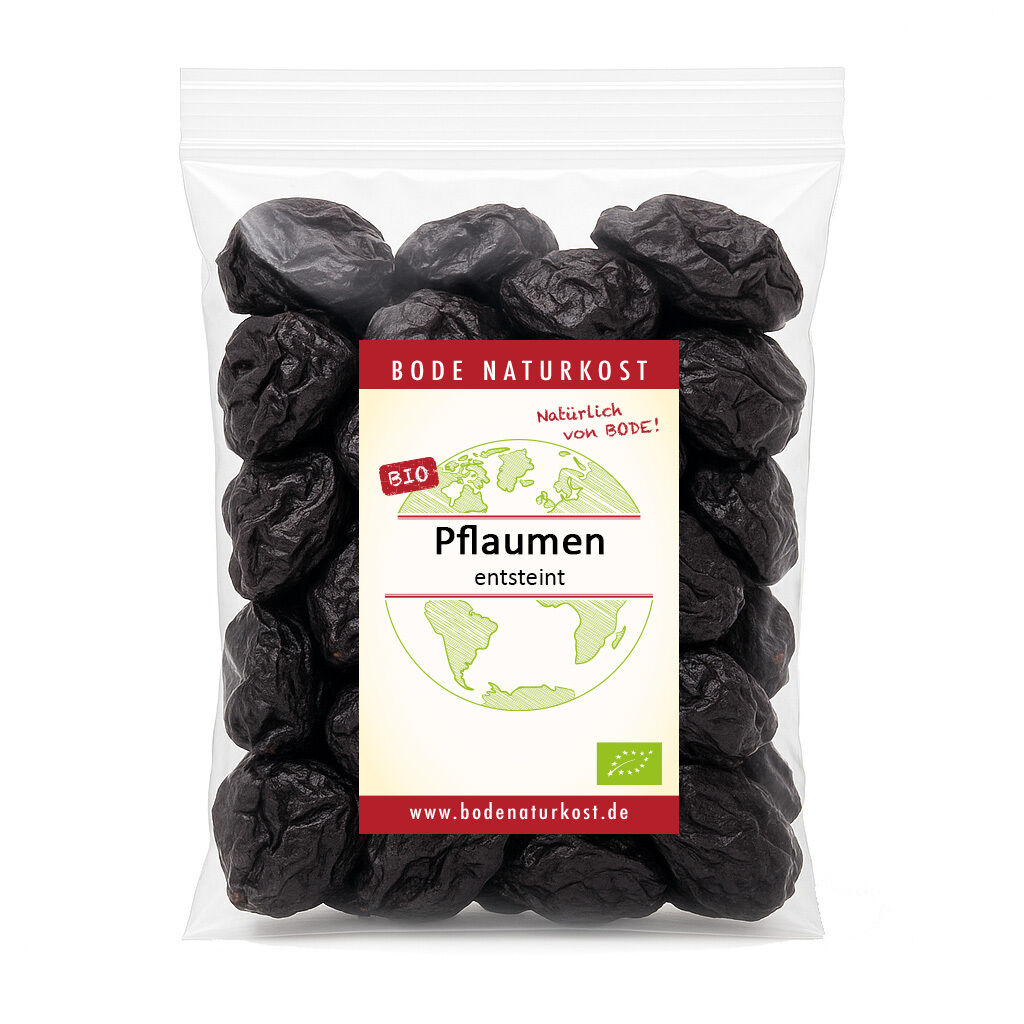 Organic dried plums (prunes) in clear plastic bag