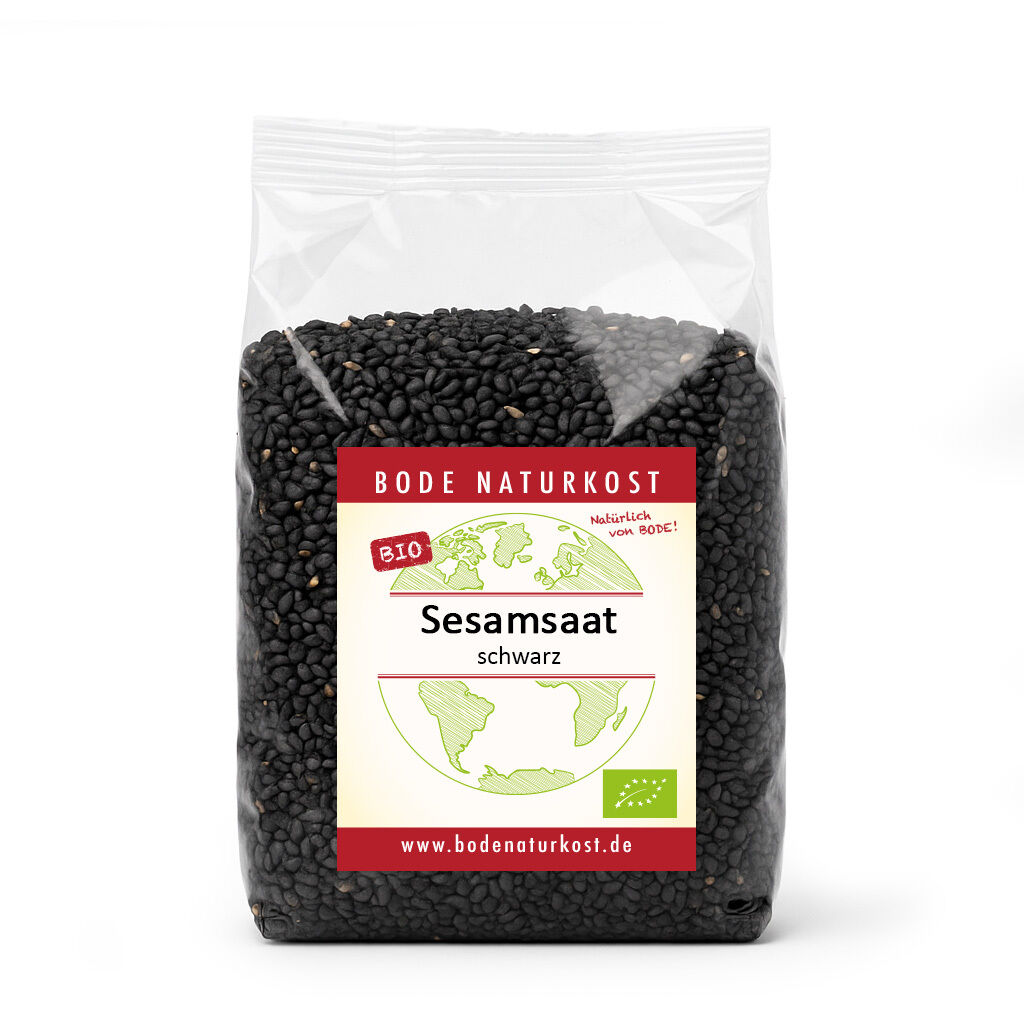 Clear bag of organic black sesame seeds