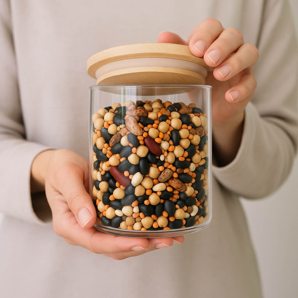 Hand holding glass jar of mixed beans