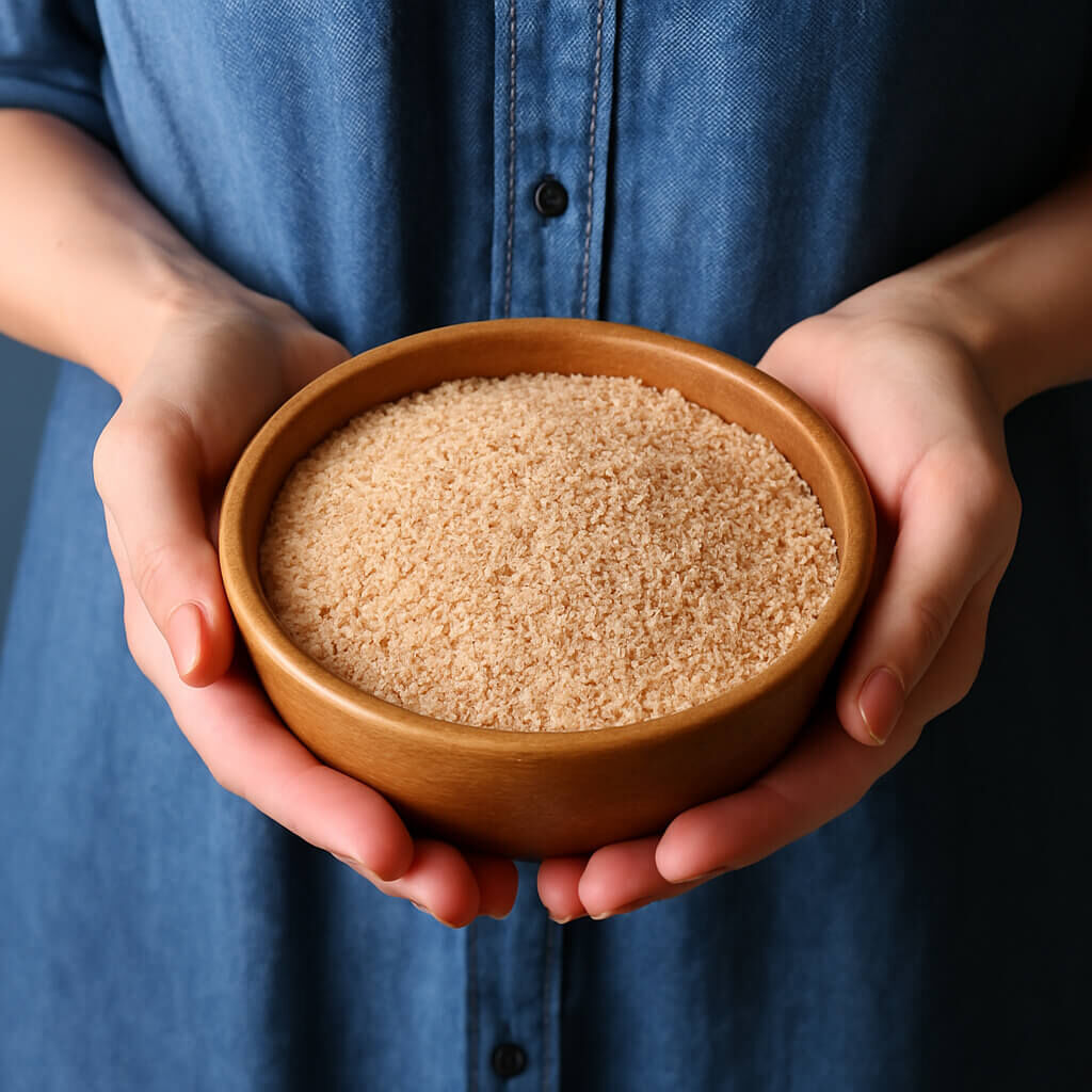 Hands holding a bowl of panko breadcrumbs