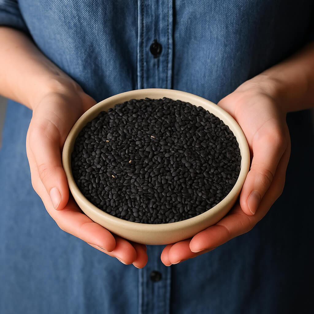 Hands holding a bowl of black sesame seeds
