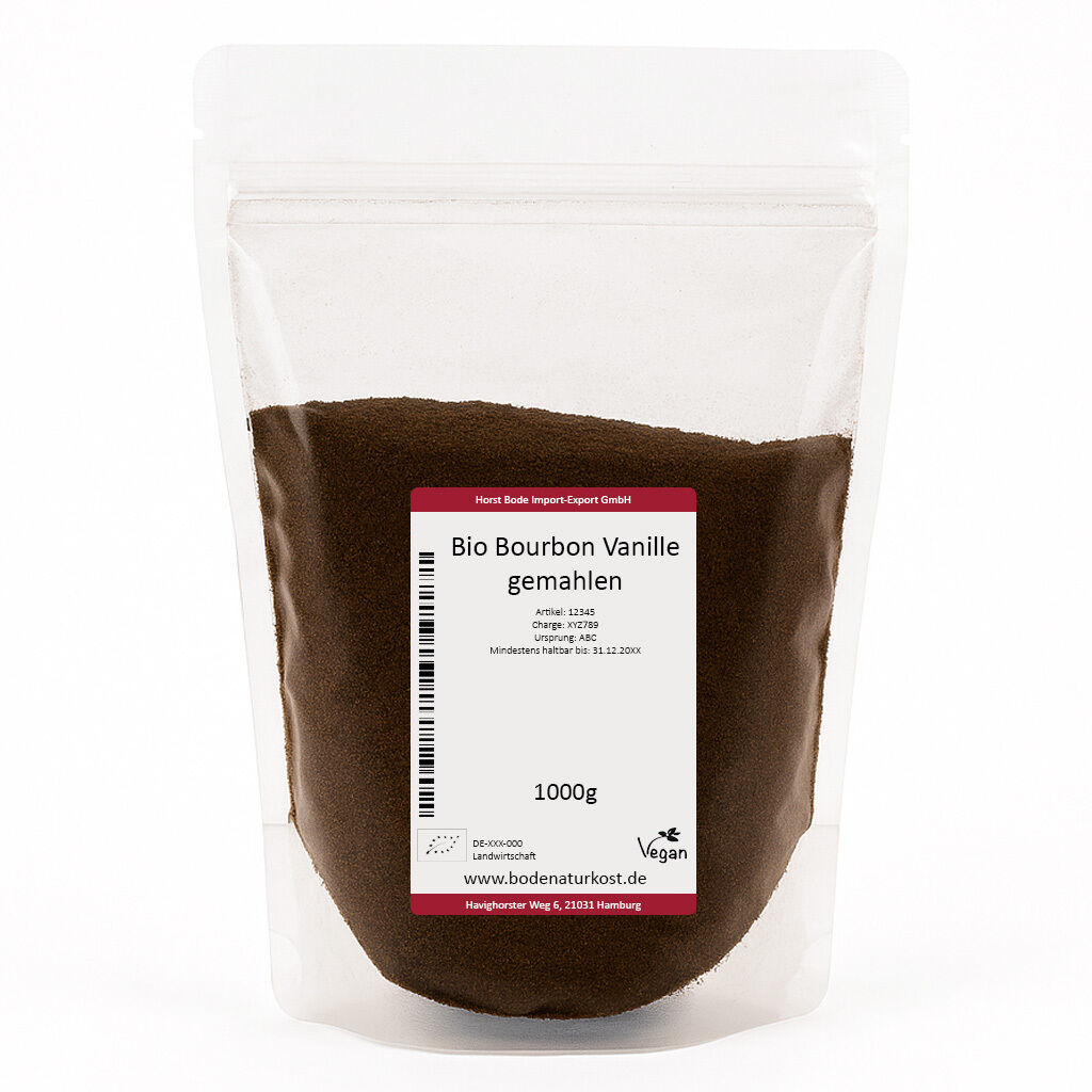 Gennemsigtig genlukkelig pose med 1000 g økologisk formalet Bourbon-vanilje (mørkebrun pulver) og hvid etiket med rødt bånd