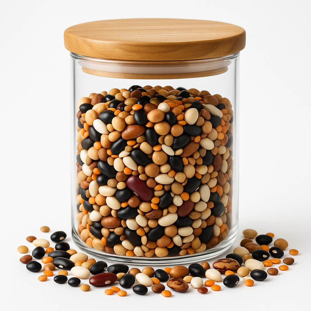 Glass jar with wooden lid filled with mixed beans