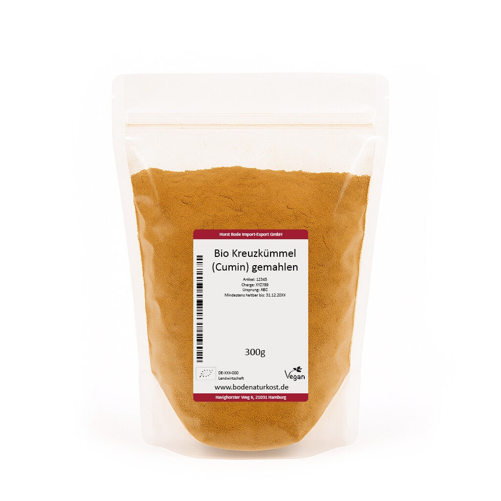 Gennemsigtig genlukkelig pose med 300 g økologisk stødt spidskommen (cumin) med hvid etiket