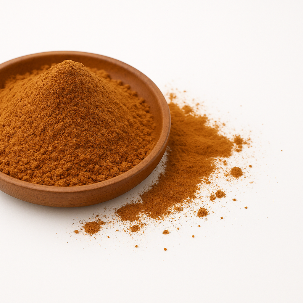 Fein gemahlenes Zimtpulver in einer runden Holzschale auf weißem Hintergrund, mit etwas daneben verschüttetem Pulver