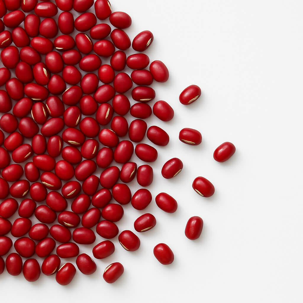 Scattered red adzuki beans on white background