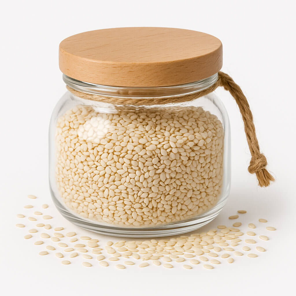 Glass jar of white sesame seeds with wooden lid