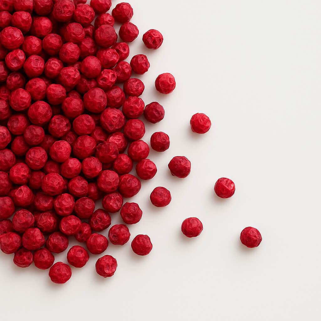 Pink peppercorns scattered on white background