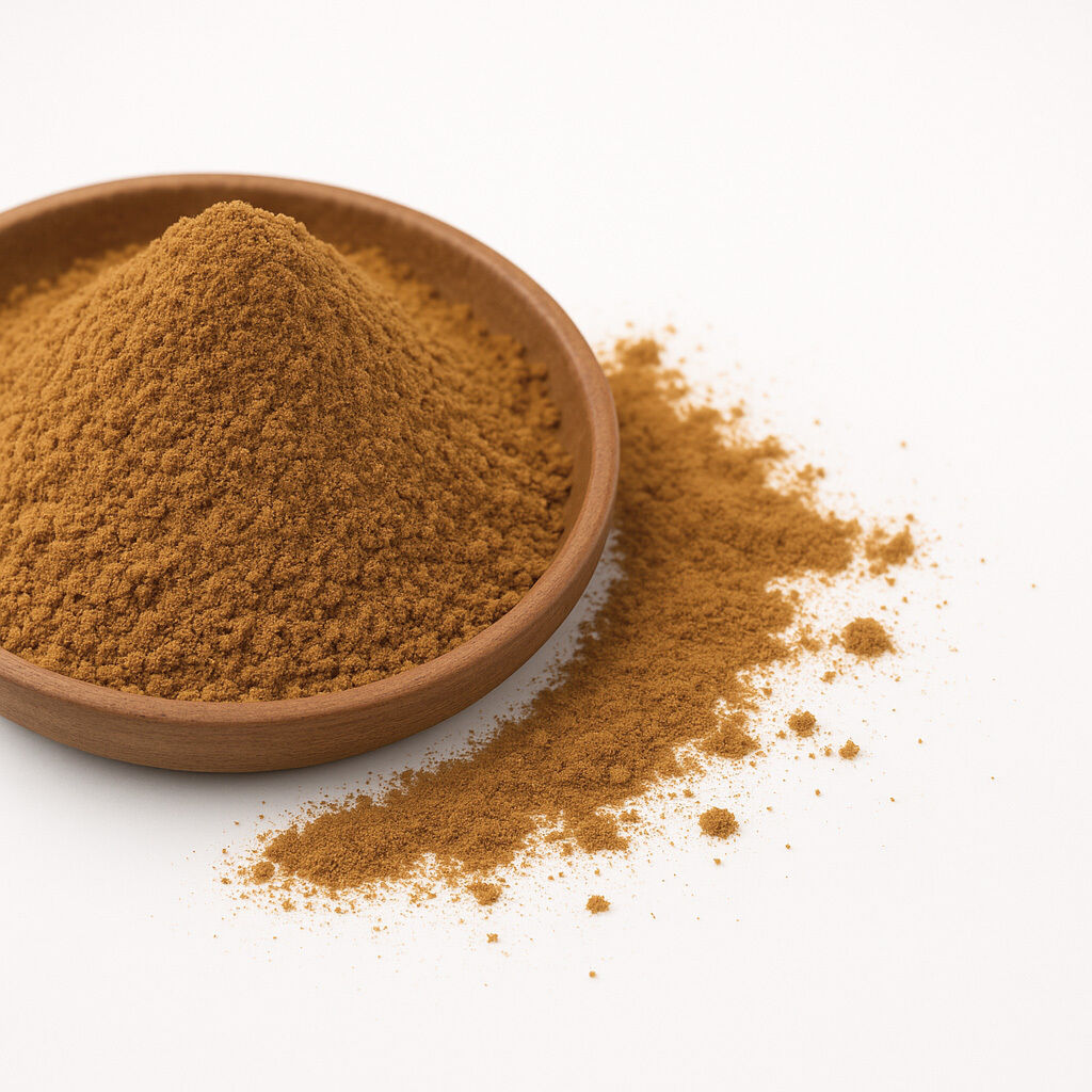 Nærbillede af stødt kanel i en træskål med spredt kanelpulver på hvid baggrund