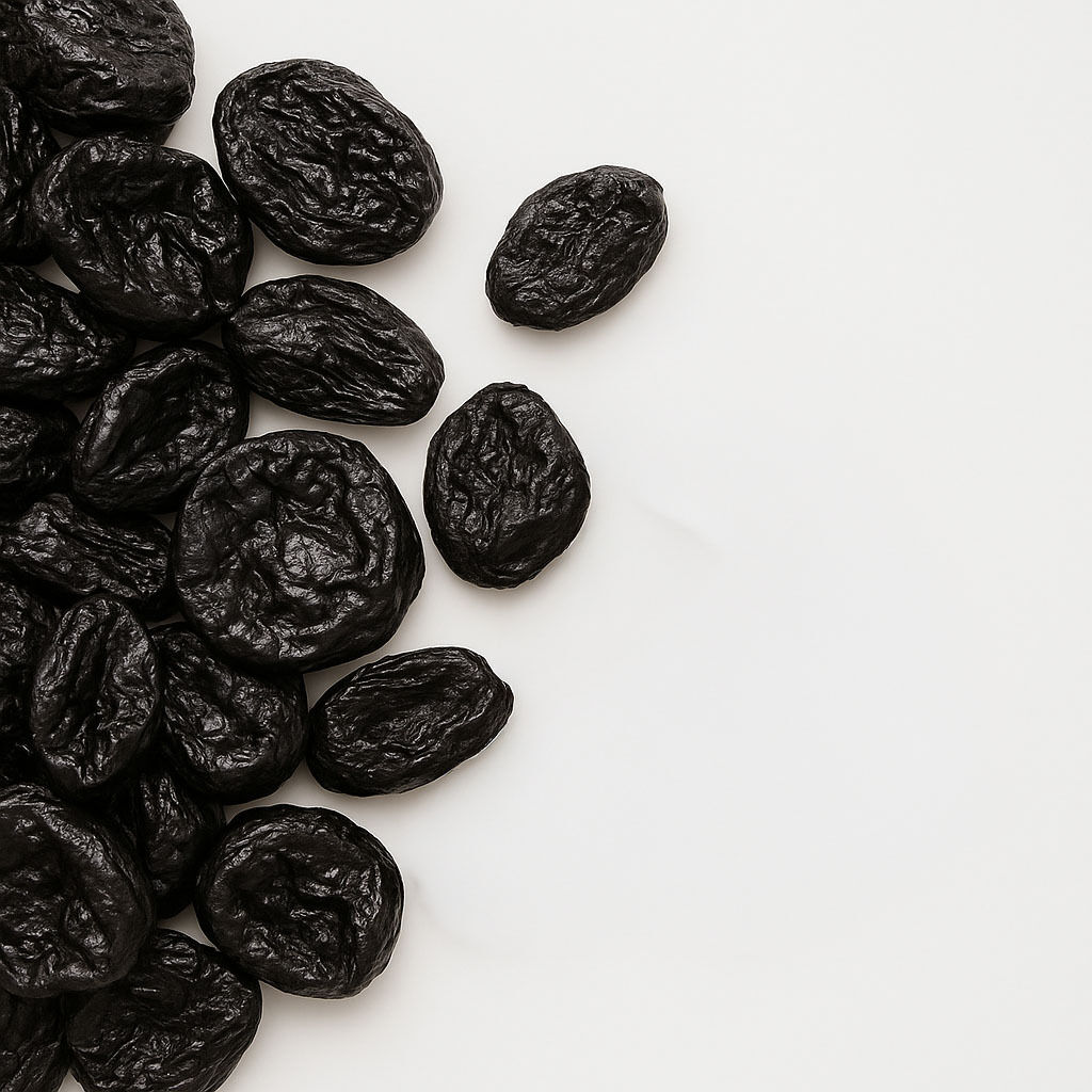 Close-up of dried prunes on white background