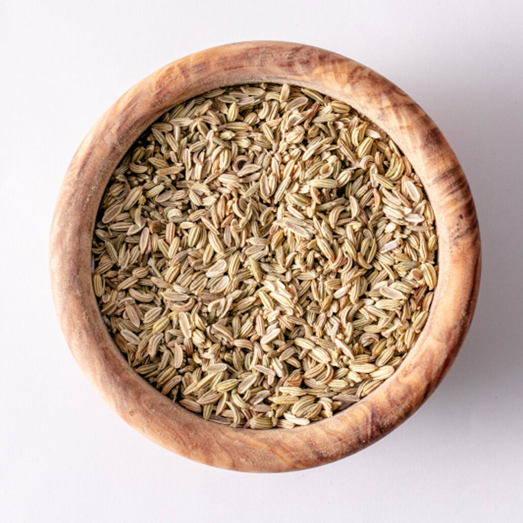 Fennikelfrø i træskål, topvisning