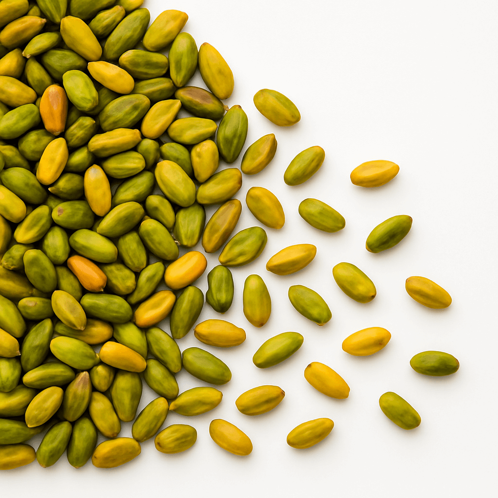 Close-up of shelled pistachio nuts on white background