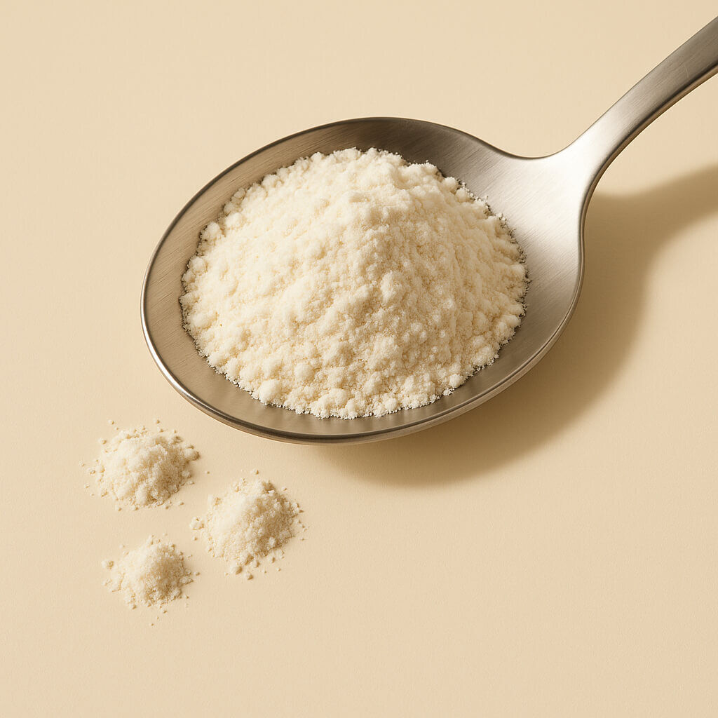 Spoonful of fine powder on beige background