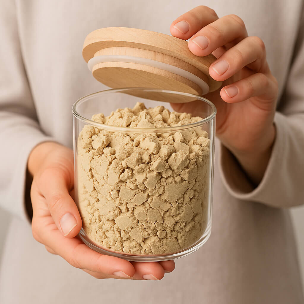 Hands holding glass jar of beige powder, wooden lid