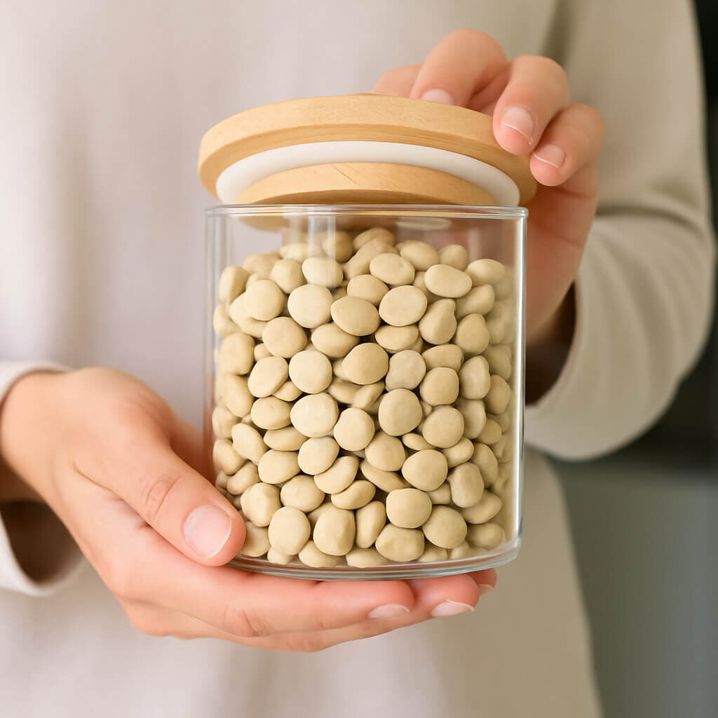 Hands holding jar of beige coated sweets