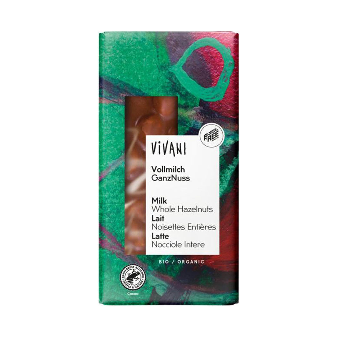 Vivani Vollmilch GanzNuss Bio-Milchschokolade in grün-roter Verpackung mit Sichtfenster, ganze Haselnüsse sichtbar, 'Plastic Free'-Aufkleber