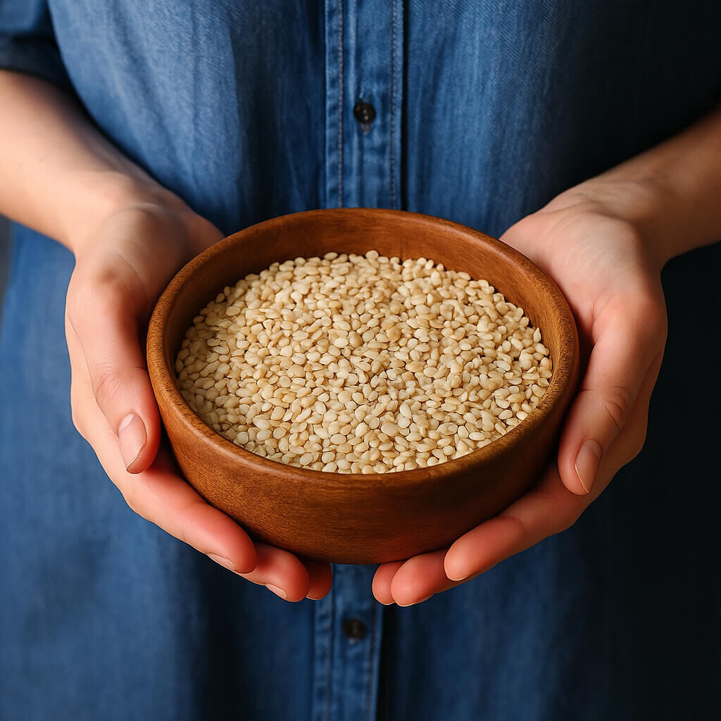 Hands holding a wooden bowl of sesame seeds