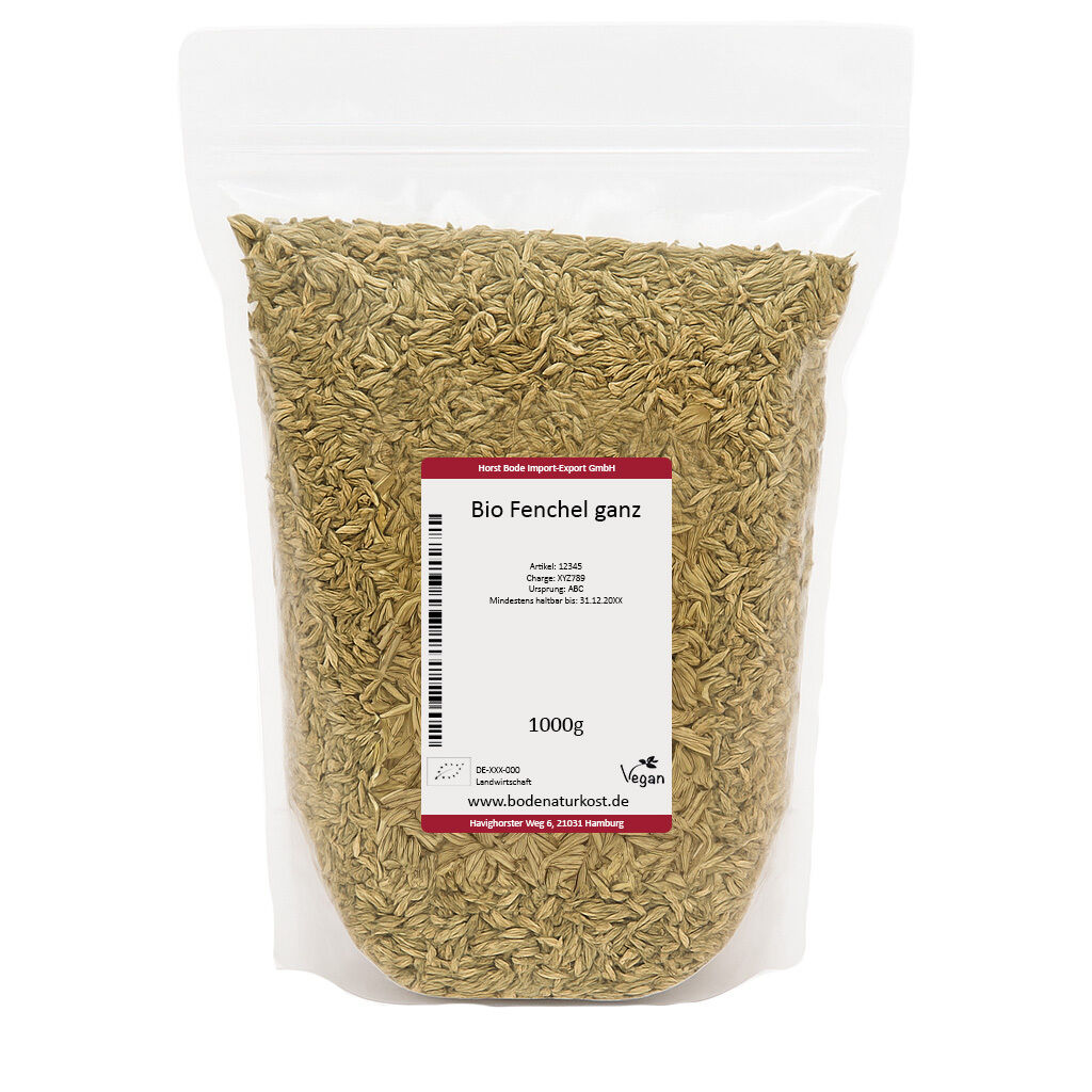 Genlukkelig klar pose med 1 kg økologiske hele fennikelfrø i naturlig beige farve