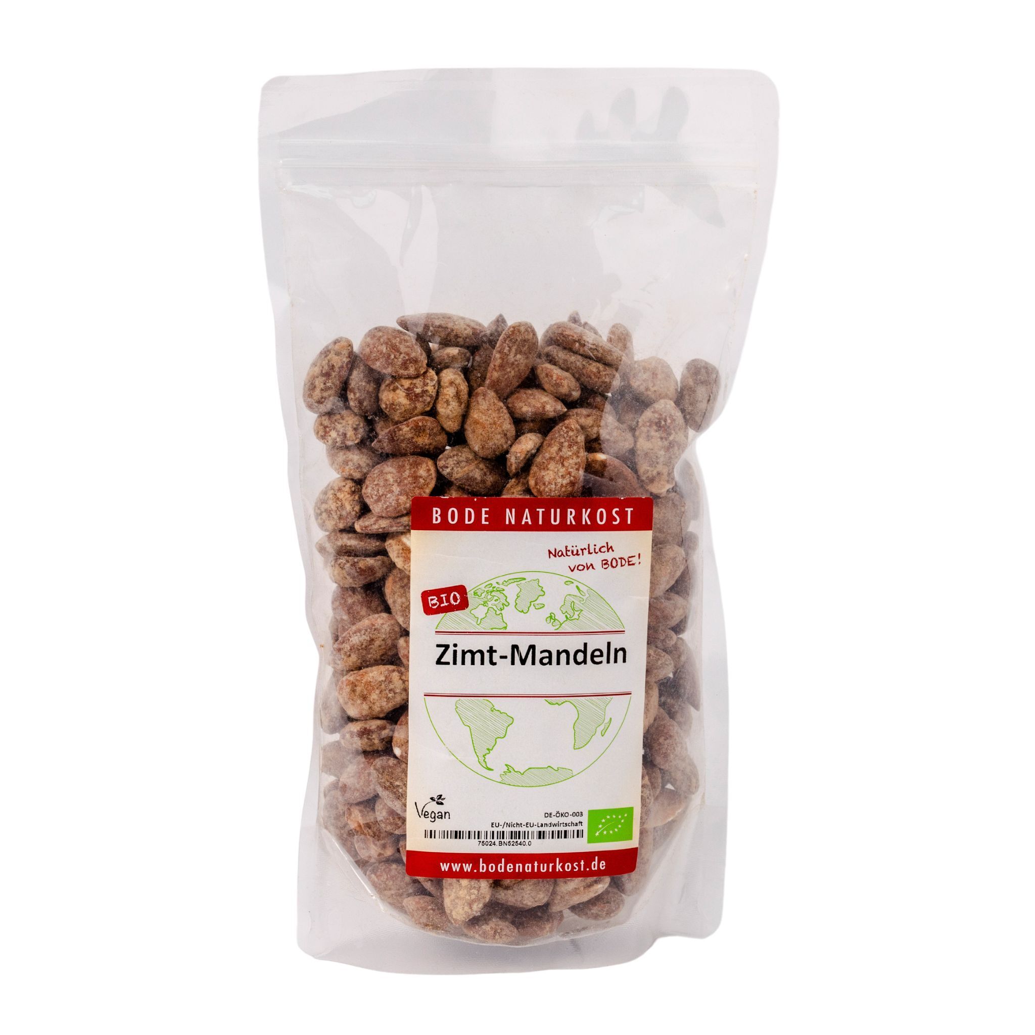 Bode Naturkost Zimt-Mandeln (Bio), gezuckerte Zimtmandeln in transparentem, wiederverschließbarem Beutel
