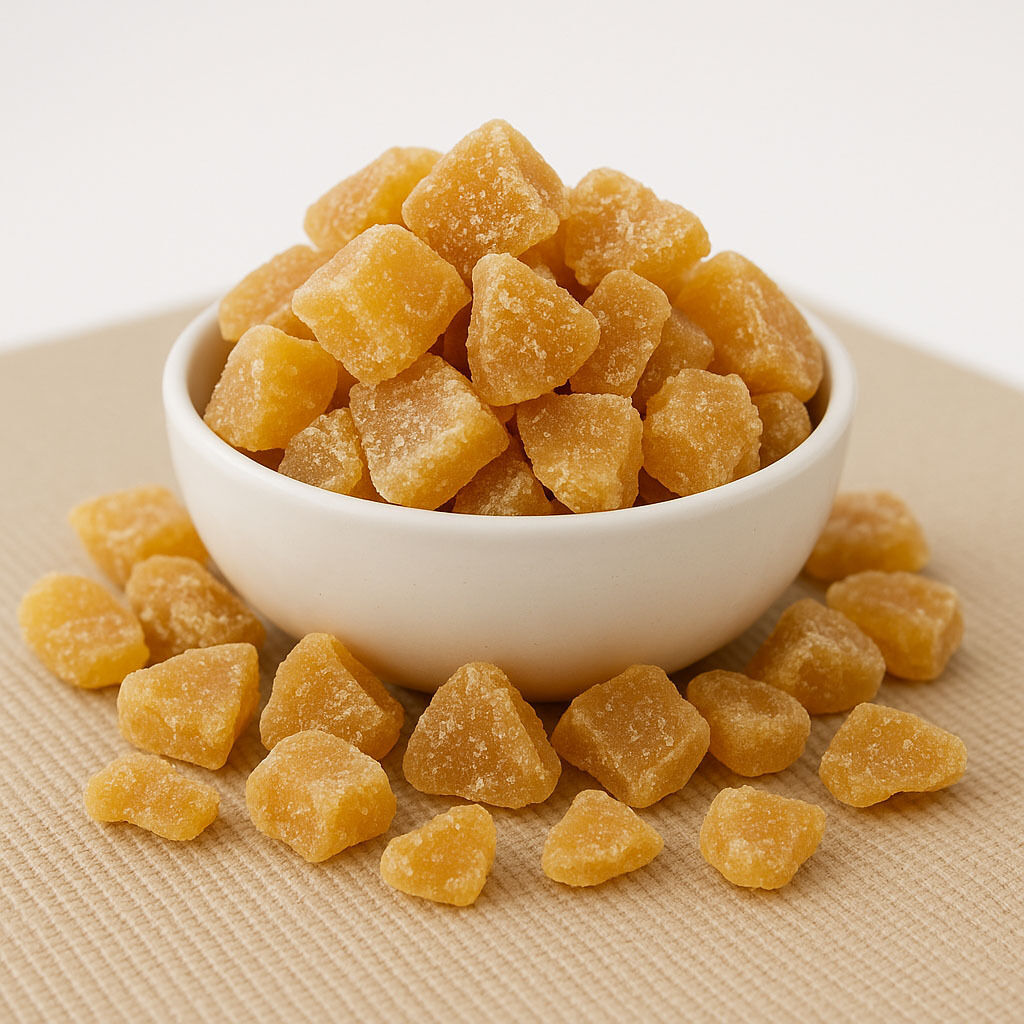 Diced crystallised ginger chunks in white bowl