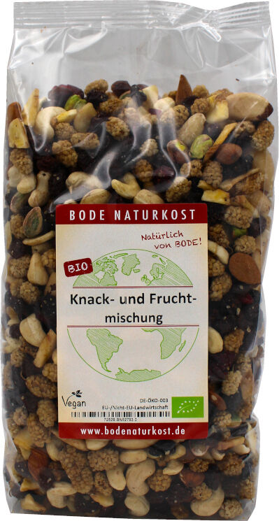 Pose med Bode Naturkost økologisk knas- og frugtmix med nødder, tørrede morbær og pistacienødder