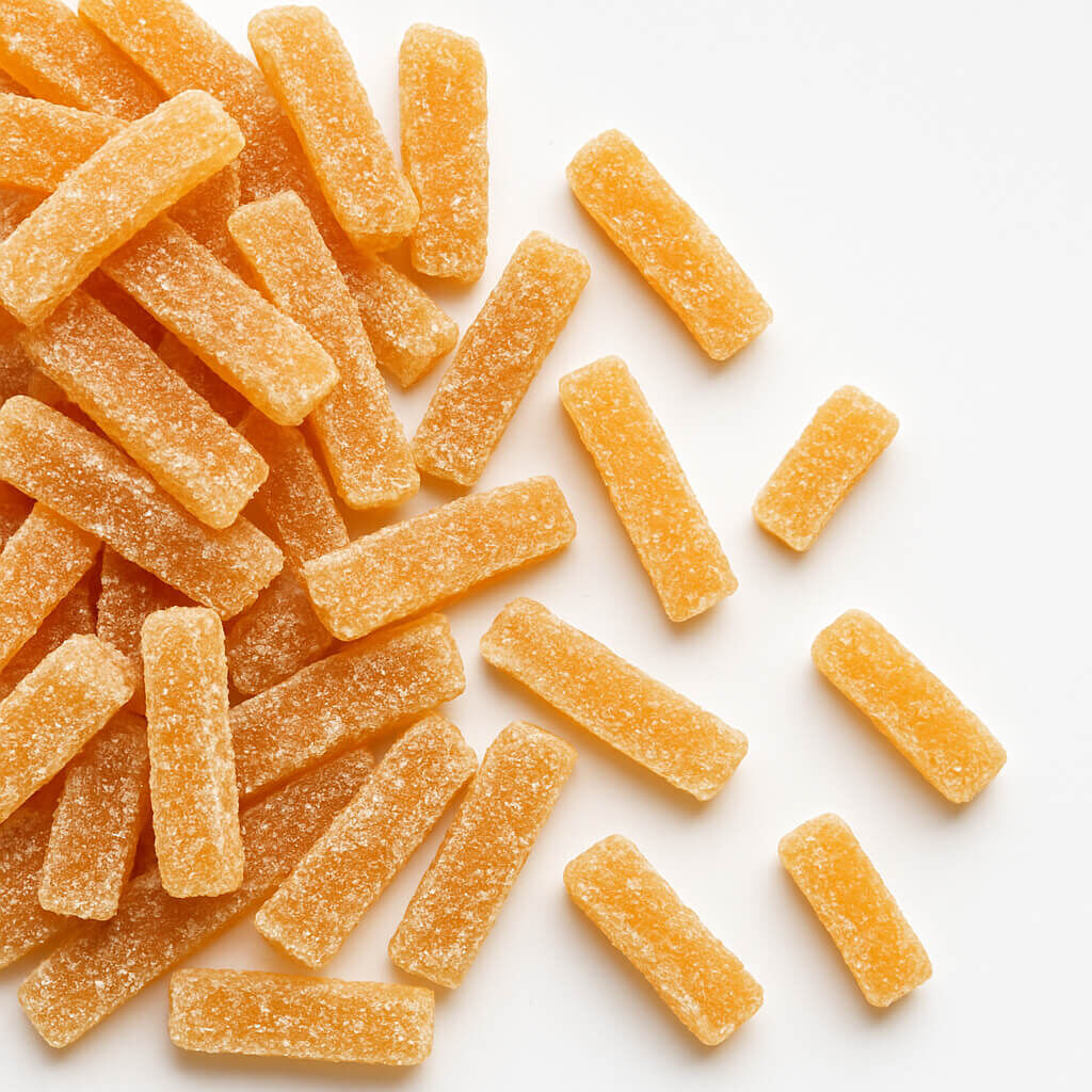 Close-up of sugar-coated orange gummy bars