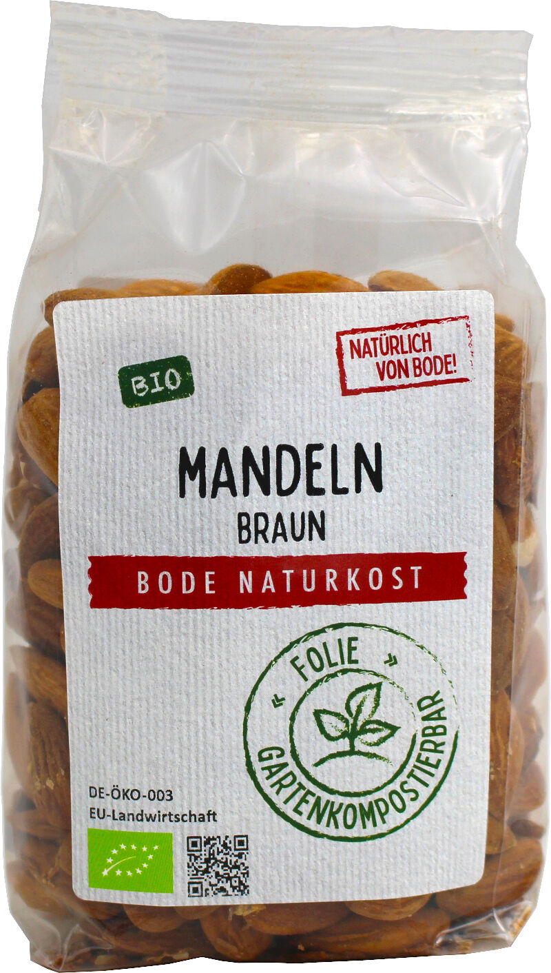 Gennemsigtig plastpose med brune økologiske mandler, mærket 'Bode Naturkost' og 'BIO', med etiket der angiver komposterbar folie.
