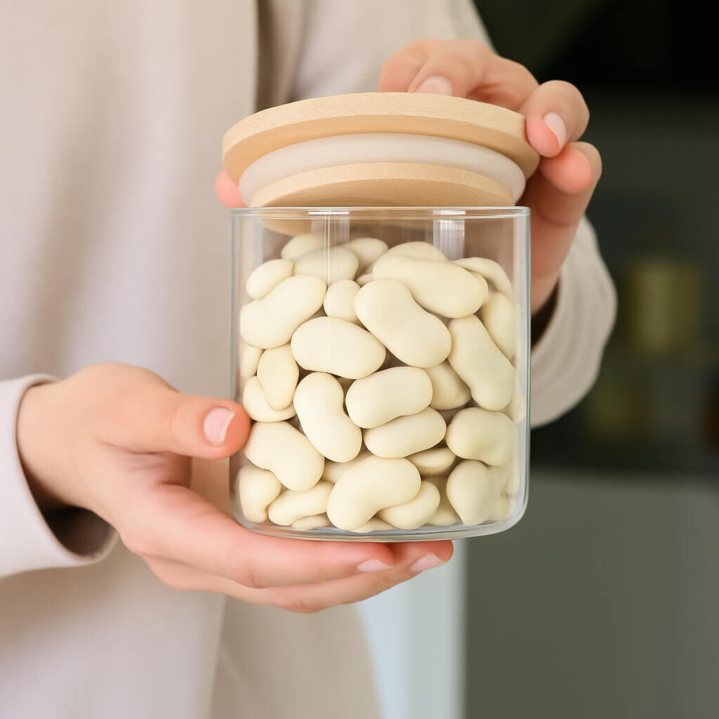 Glass jar with white chocolate-coated almonds