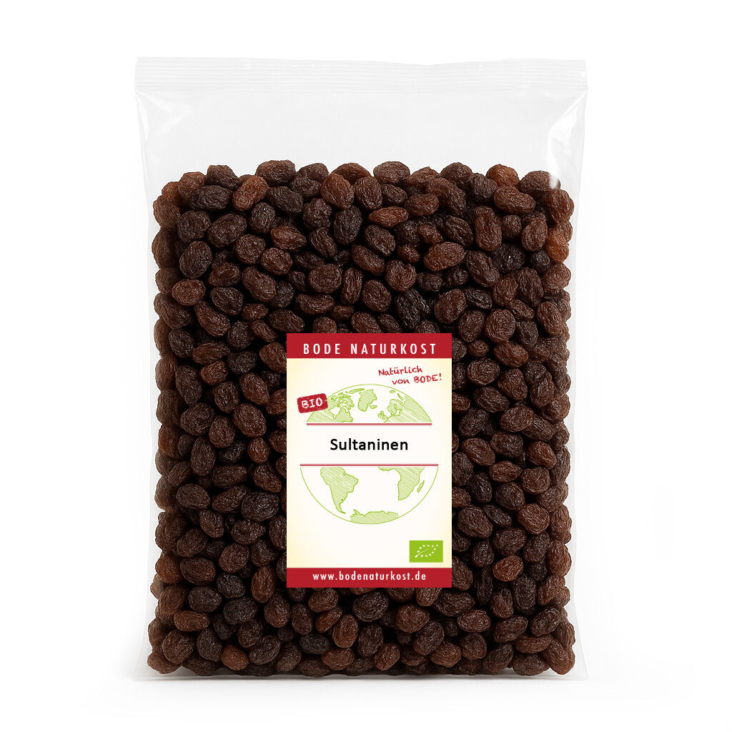 En pose med økologiske sultanas fra Bode Naturkost