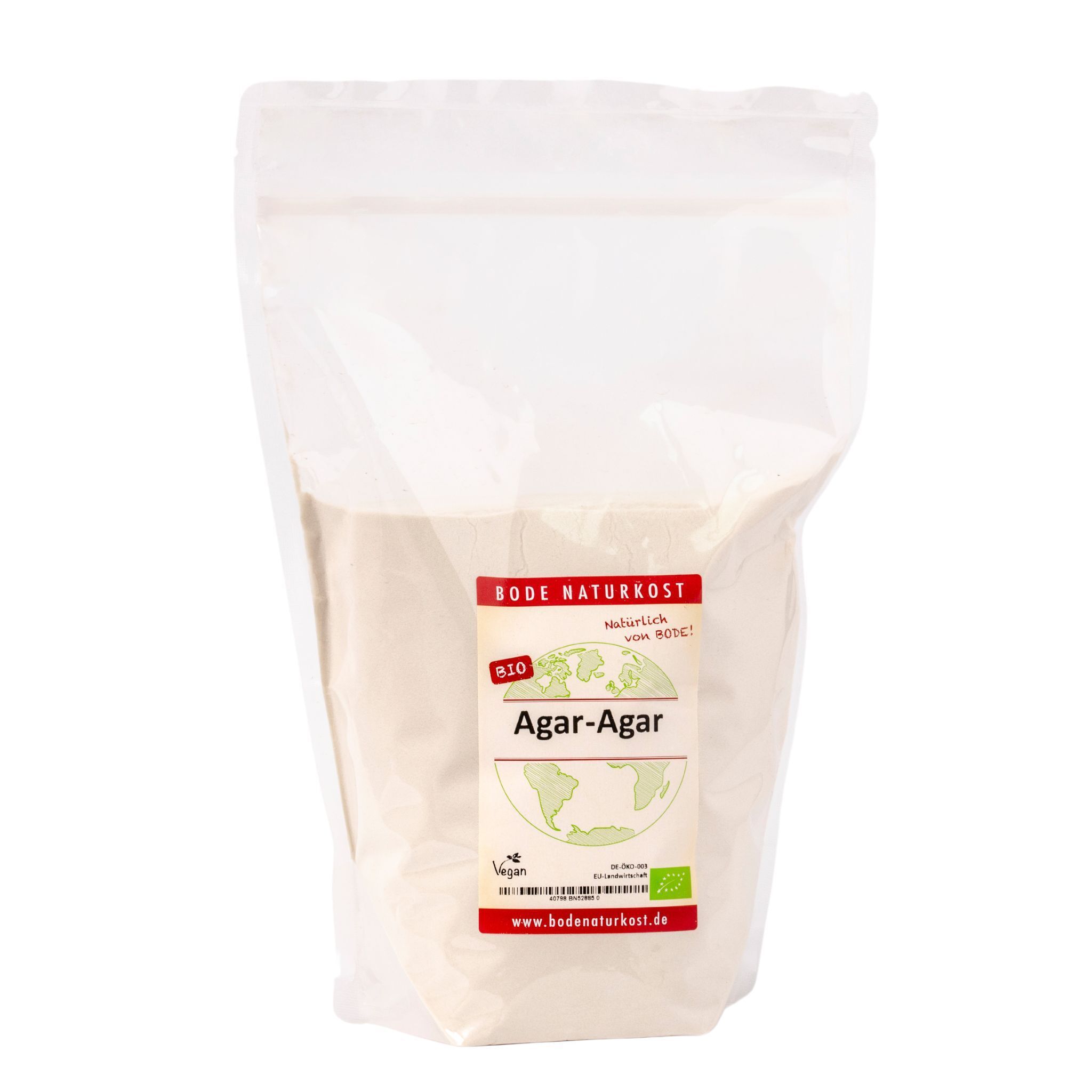 Genlukkelig klar pose med Bode Naturkost Agar-Agar, økologisk og vegansk hvidt pulver i emballage med synlig etiket