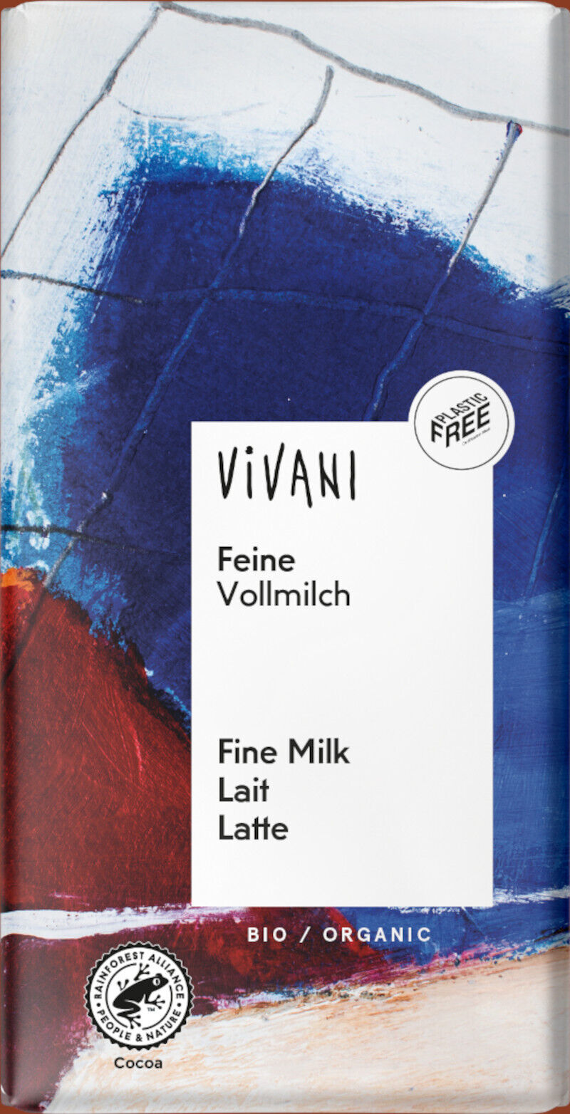 Indpakning af Vivani fin mælkechokolade med abstrakt blå-rødt maleri, hvid label med teksten 'Feine Vollmilch' og synlige mærker for økologisk (BIO), Rainforest Alliance og 'Plastic Free'.