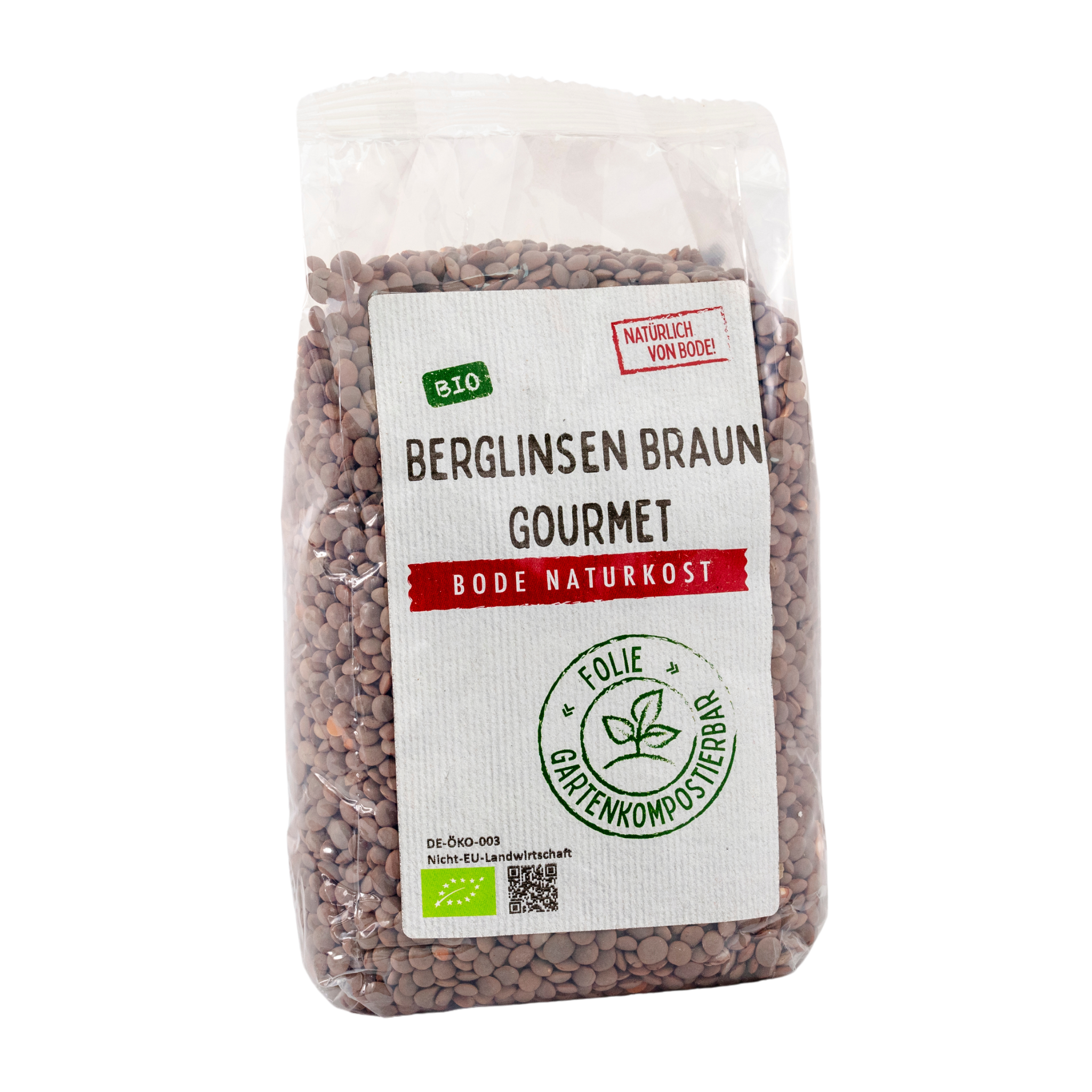 Packung Berglinsen Braun Gourmet von Bode Naturkost, transparente Folienverpackung mit Bio-Label und Siegel 'Gartenkompostierbar', braune Linsen sichtbar