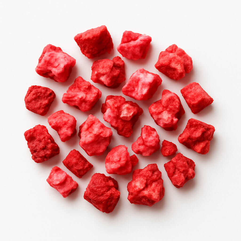 Red freeze-dried strawberry chunks on white background