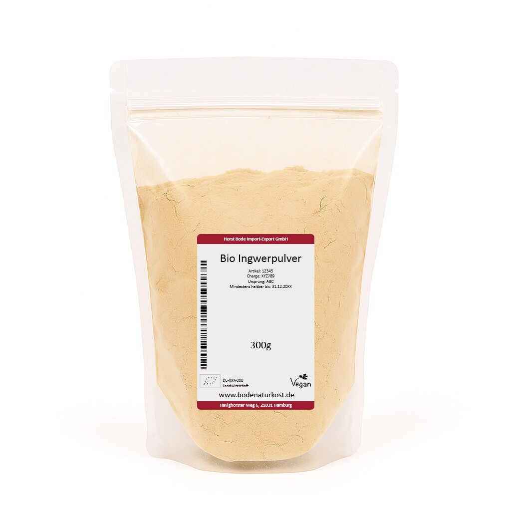 Pose med 300 g økologisk ingefærpulver, lysgult pulver i gennemsigtig genlukkelig pose med hvid etiket og vegansk mærke
