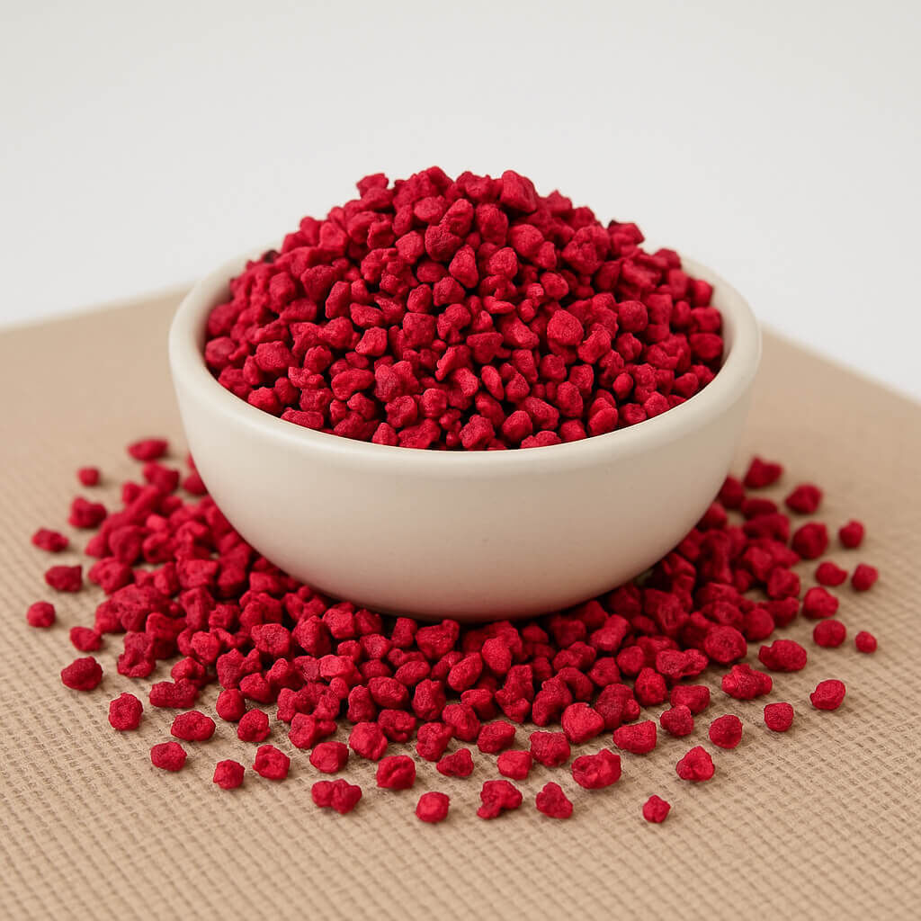 Close-up of red berry granules in a bowl