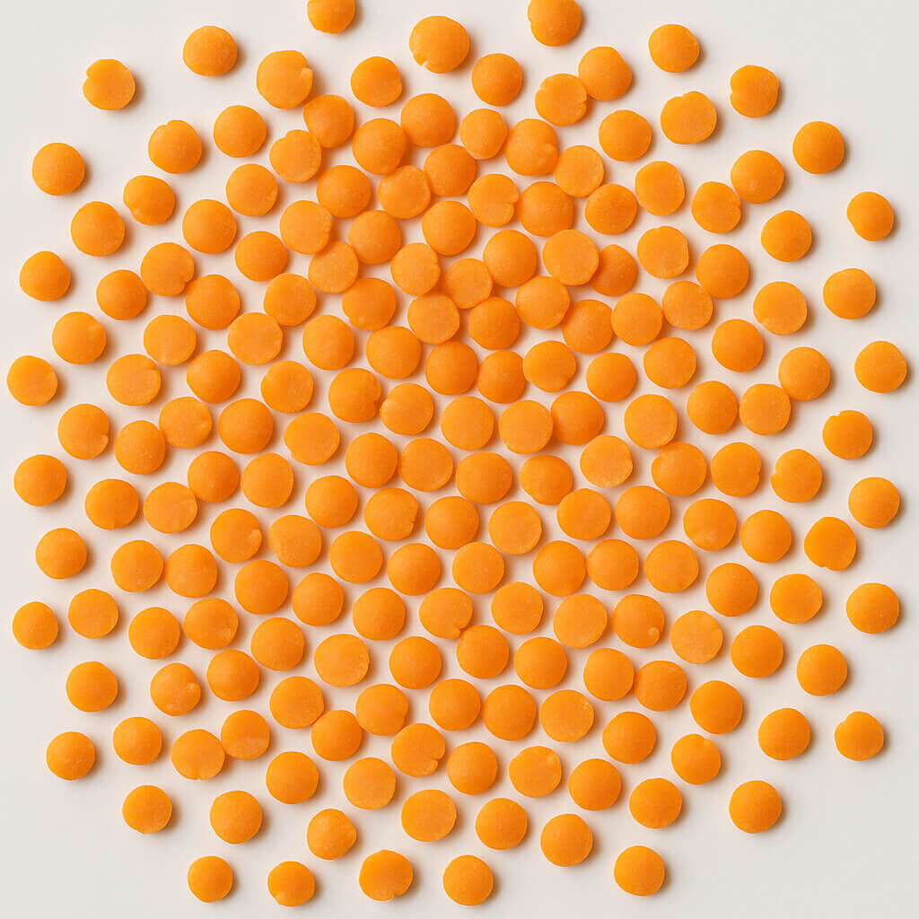 Orange candy discs arranged on white background
