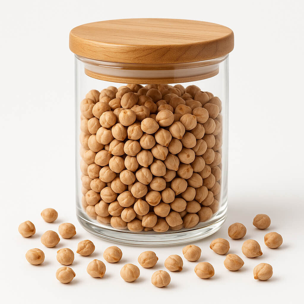 Jar of chickpeas with wooden lid and scattered beans