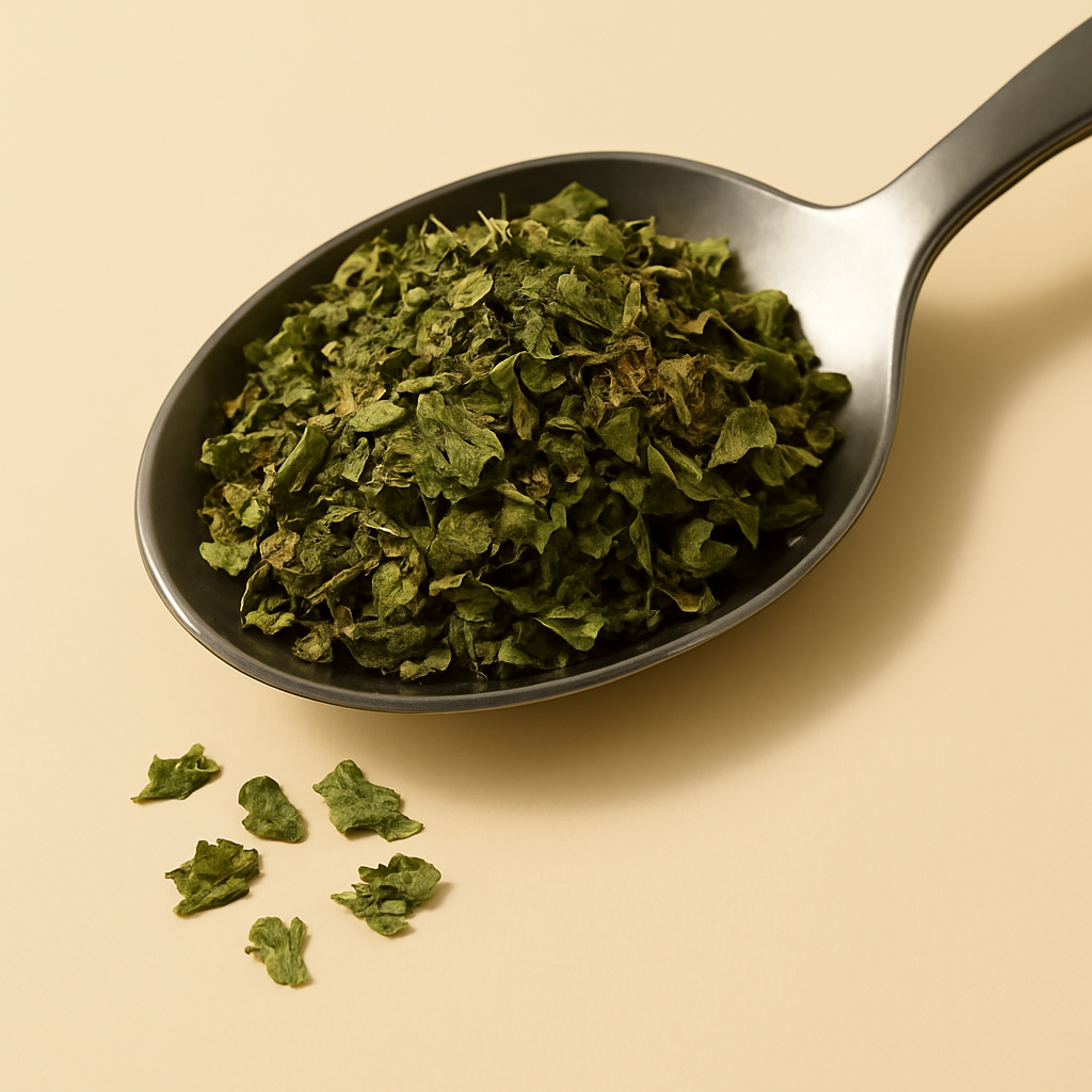 A spoon filled with dried parsley flakes on a beige background