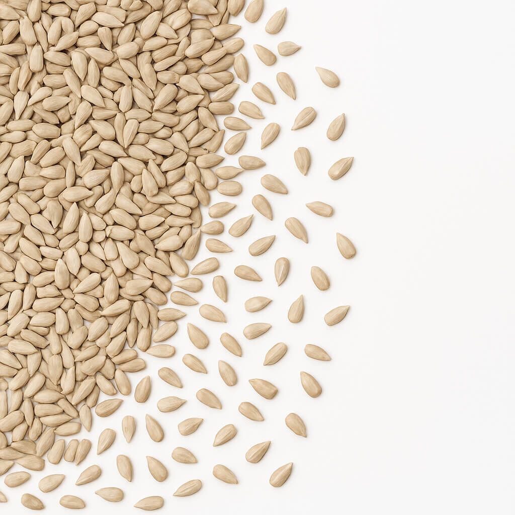 Close-up of shelled sunflower seeds scattered